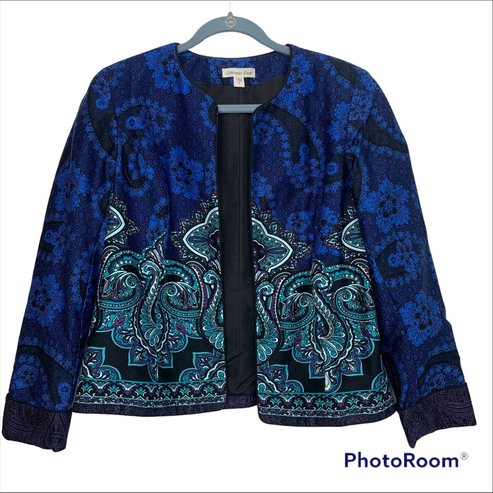Coldwater Creek Paisley Border Open Front Jacket Size 8